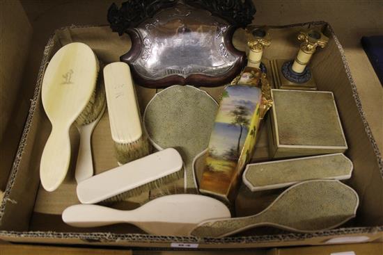 Shagreen mirror, ivory mirror & brush, candlesticks, Chinese plaque & Royal Bonn vase